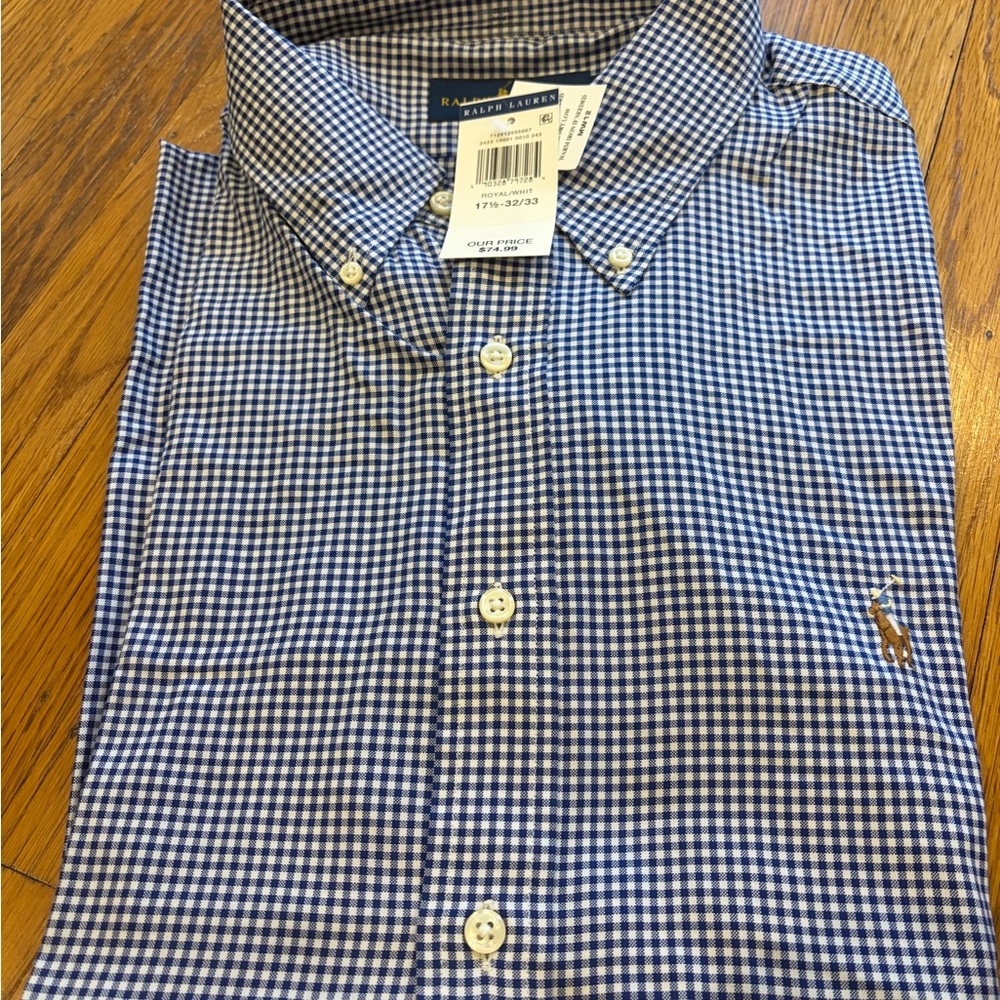 Ralph Lauren Blue & White Gingham Button-Down Shirt with Pony Logo
